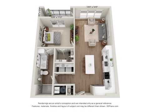 Floor plan for 1 bed, 1 bath, 792 sqft